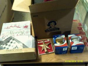 box of christmas stuff ornaments, g...