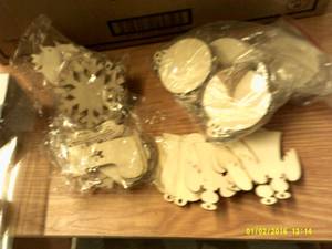 box of wood christmas ornaments and...
