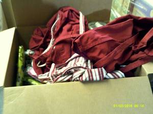 box of kitchen misc aprons, popsici...