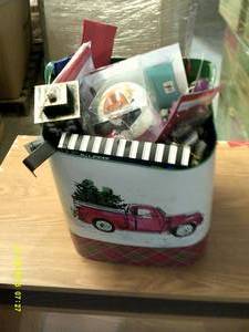 tote of holiday stuff , bulbs , lig...