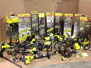 Pallet with assorted Ryobi Outdoor tools various models and conditions see pictures