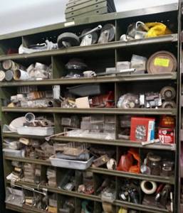 lot 7 image: Vintage industrial Lyon pigeon hole retail display wall cabinet