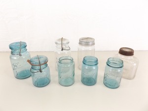 lot 4 image: Lot of Antique Blue and Clear Mason Jars with Glass etc. Lids