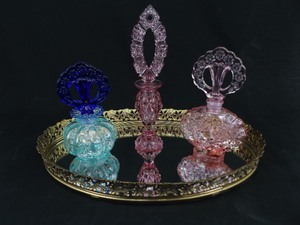 lot 75 image: 3 Authentic Vintage Fenton Perfume Bottles on Mirrored Tray