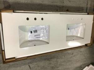 61 in. W Engineered Marble Double Sink Vanity Top in Winter White with White Trough Sinks