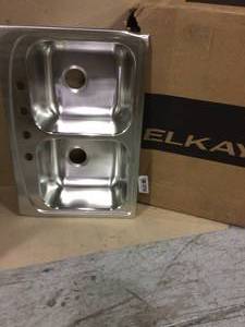 lot 6 image: Pergola Drop-In Stainless Steel 33 in. 4-Hole Double Bowl Kitchen Sink by Elkay open box see pictures