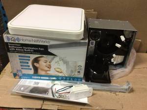 lot 15 image: 110 CFM LED Ceiling Mounted Bathroom Exhaust Fan with Alexa Voice Assistant and Bluetooth Speakers by Home Netwerks see pictures