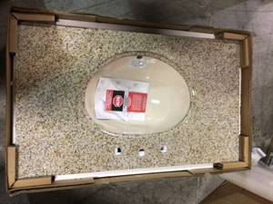 lot 108 image: 37 in. W Granite Vanity Top in Beige with Biscuit Bowl and 8 in. Faucet Spread
