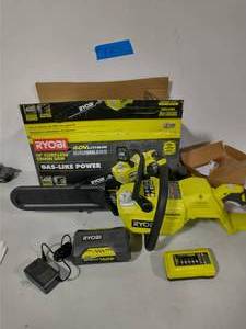 lot 72 image: RYOBI 14 in. 40-Volt Brushless Lithium-Ion Cordless Chainsaw, 4 Ah Battery and Charger Included