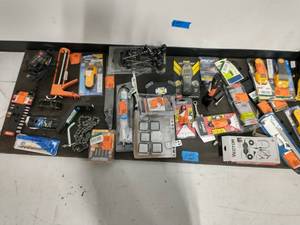 lot 15 image: BOX OF ASSORTED HARDWARE AND TOOLS