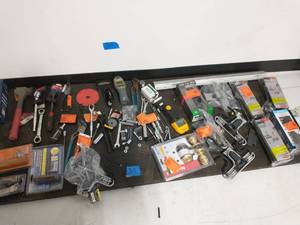 lot 20 image: BOX OF ASSORTED HARDWARE AND TOOLS
