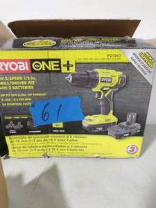lot 61 image: RYOBI 18-Volt ONE Lithium-Ion Cordless 12 in. DrillDriver Kit with (2) 1.5 Ah Batteries, Charger, and Bag