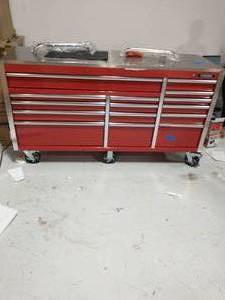 lot 89 image: HUSKY Heavy-Duty 72 in. W x 24 in. D 15-Drawer Tool Chest Mobile Workbench with Stainless Steel Top and Dual Locks in Red