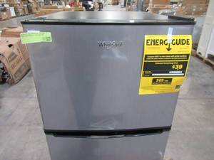 lot 244 image: Whirlpool 4.6 Cu. Ft. Mini Refrigerator with Dual Door True Freezer in Stainless Look WH46TS1E