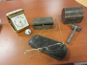 lot 302 image: VINTAGE ALARM CLOCK, WIRE RIM GLASSES, RAZOR, METAL BOXES, MARBLE