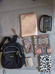 lot 329 image: Assorted Makeup Bags, Clutch, Wallet and Small Backpack