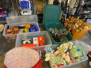 lot 48 image: Six Storage Tubs Filled with Seasonal Decor