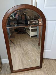 lot 153 image: Arched Beveled Mirror w Wood Frame