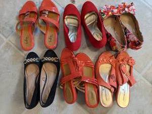 lot 414 image: Six Pairs of Womens Size 8 Dressy Sandals & Wedges