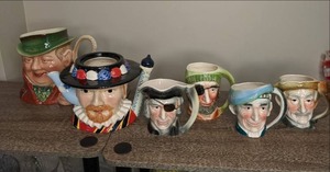 lot 101 image: Mugs (1) Beefeater Pitcher, (4) Vintage Arhart 5th Ave Hand Painted Mugs, (1) Beswickware Dickens Character