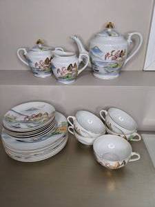 lot 105 image: Kutani Hand Painted Tea Set With Tea Pot, Cream, Sugar, Plates, Cups, & Saucers See Photos