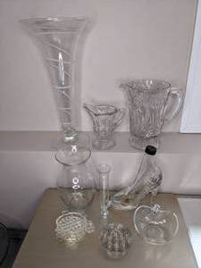 lot 122 image: Assorted Glassware Pitchers, Vases and Trays