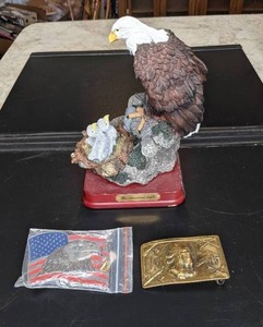 lot 548 image: Vintage Brass Indian Chief Belt Buckle, Eagle Buckle and Figurine
