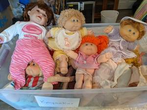lot 487 image: Tote Filled with Cabbage Patch Dolls, Sock Monkey & Others
