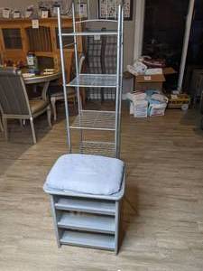 lot 572 image: Tall Metal Storage Rack & Wood Stool w Storage