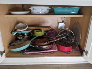 lot 513 image: Contents of Cabinet Pots, Pans, etc.