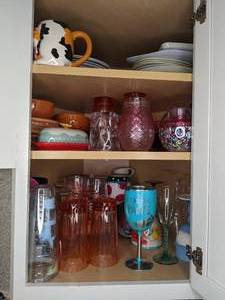 lot 515 image: Contents of Cabinet Drinkware, Plates, Butter Dish, etc.