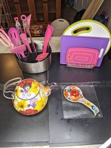 lot 519 image: Assorted Cutting Boards, Teapot, Kitchen Utensils