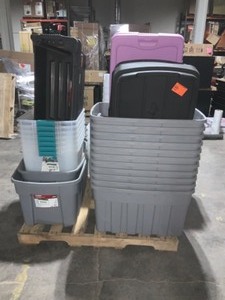 lot 43 image: Pallet with husky tool storage container and sterile bins NEW SEE PICS