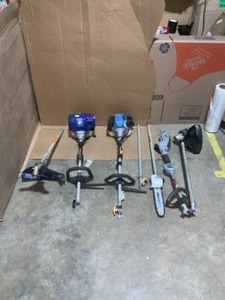 lot 48 image: BADGER 31cc gas 4-cycle 2 in 1 Straight shaft grass trimmer with brush cutter, bluemax 10 in. 32.6cc 2-cycle gas powered pole saw, and ego 15 in. 56Volt cordless electric string trimmer(tool-only) See pics