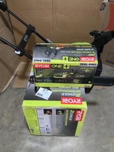 lot 51 image: RYOBI HOME COMBO WITH 21 IN. 40-VOLT CORDLESS ELECTRIC SNOWBLOWER, RYOBI ONE 10in. 18-V CORDLESS BATTERY CHAINSAW(TOOL-ONLY), AND RYOBI 175 MPH 760 CFM 38cc GAS BACKPACK LEAF BLOWER NEW SEE PICS