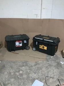 lot 56 image: DEWALT Tough Chest 38 in. 63 Gal. Mobile Tool Box, AND HUSKY 37 in. Rolling Tool Box Utility Cart Black SEE PICS