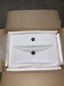 lot 59 image: HOME DECORATORS COLLECTION Arvesen 18 in. W x 12 in. D Vanity in Tobacco with Ceramic Vanity Top in White with White Sink NEW SEE PICS
