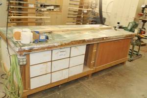 lot 395 image: Wood Work Table with Drawers, Cabinets and Power Connections