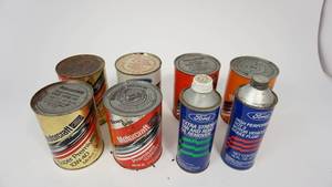 lot 12 image: Vintage Ford OilBrake FluidTar & Road Oil Remover Cans