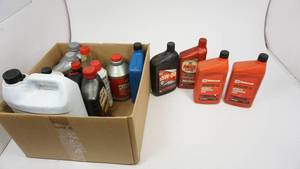 lot 33 image: Box of Auto Transmission FluidBrake FluidMotor OilAntifreeze-CoolantPower Steering FluidStarting Fluid