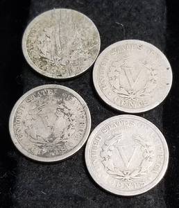 4 US LIBERTY NICKELS 1890 1895 1908 1911