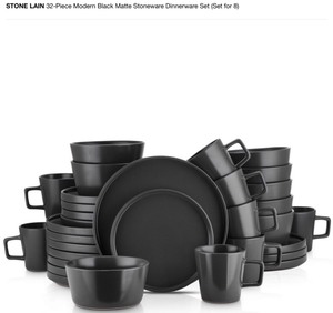lot 38 image: LOT ( 2 SETS) 16-Piece Modern Black Matte Stoneware Dinnerware Set (Set for 4) by STONE LAIN
