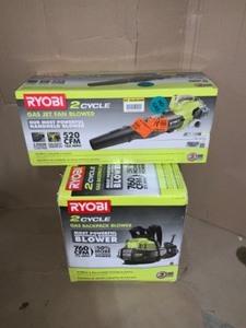 lot 48 image: TWO 2 CYCLE JET FAN GAS BLOWERS & TWO 2 CYCLE GAS BACKPACK BLOWER & ASSORTED RYOBI LAWN TOOLS VARIOUS CONDITIONS