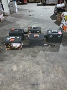 lot 55 image: 5 RYOBI 16 in. 37cc 2-Cycle Gas Chainsaw with Heavy-Duty Case Comes in different conditions see pics