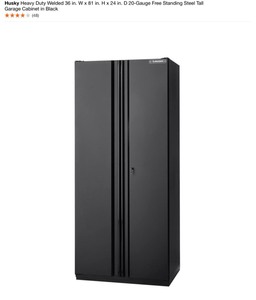 lot 70 image: 2 HUSKY Heavy Duty Welded 36 in. W x 81 in. H x 24 in. D 20-Gauge Free Standing Steel Tall Garage Cabinets in Black see pics
