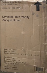 lot 71 image: HOME DECORATORS COLLECTION Drysdale 48 in. Wx 34.5 in. H Bath Vanity in Sable with Engineered Stone Vanity Top in Lgt Vein Carrera with White Basin OPEN BOX COMPLETE SEE PICS