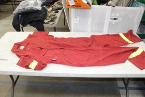 lot 5F image: Pacific & Maine FR Bib Overall 46 Flame Resistent 35% Modacrylic 35% Rayon 20% O-Pan 10% Aramid Red (new)