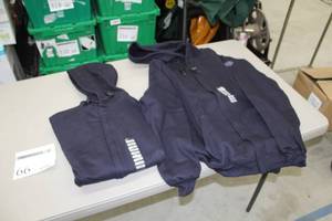 lot 66 image: Lot of (2) National Safety Apparel FR Zip-Up Hooded Sweatshirt Large Flame Resistent 58% Cotton 35% Modacrylic 7% Polyester Blue (new)