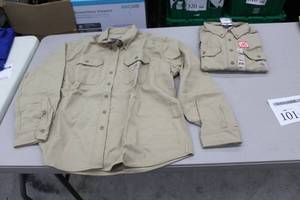 lot 101 image: Lot of (2) Carhartt FR Twill Long Sleeve Shirt Womens 2X-Large Original Fit Flame Resistent Khaki (new)