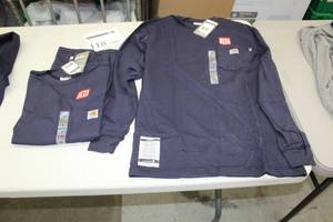 lot 118 image: Lot of (2) Carhartt FR Force Cotton Long Sleeve Shirt Small Regular Original Fit Flame Resistent 100% Cotton Blue (new)